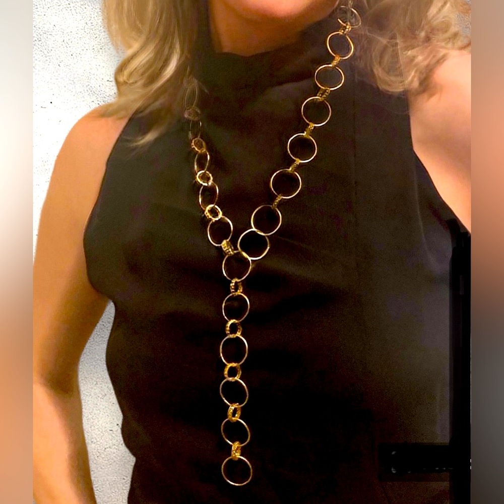Loren Jewels 18k Yellow Gold Diamond Multi Hoop Round Link Chain Necklace
